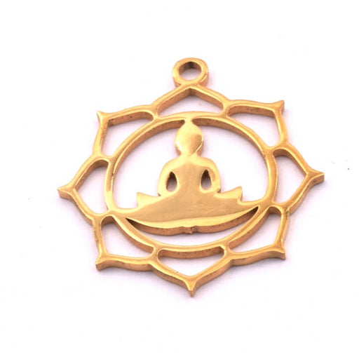 Pendentif lotus et Bouddha acier inoxydable doré 20mm (1)