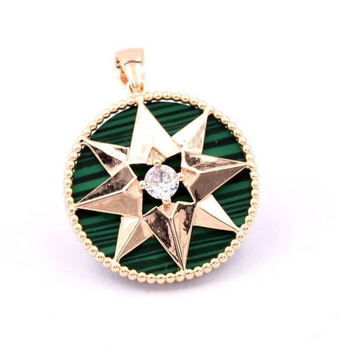 Pendentif laiton rond 20mm malachite synthétique avec étoile et zircon (1)