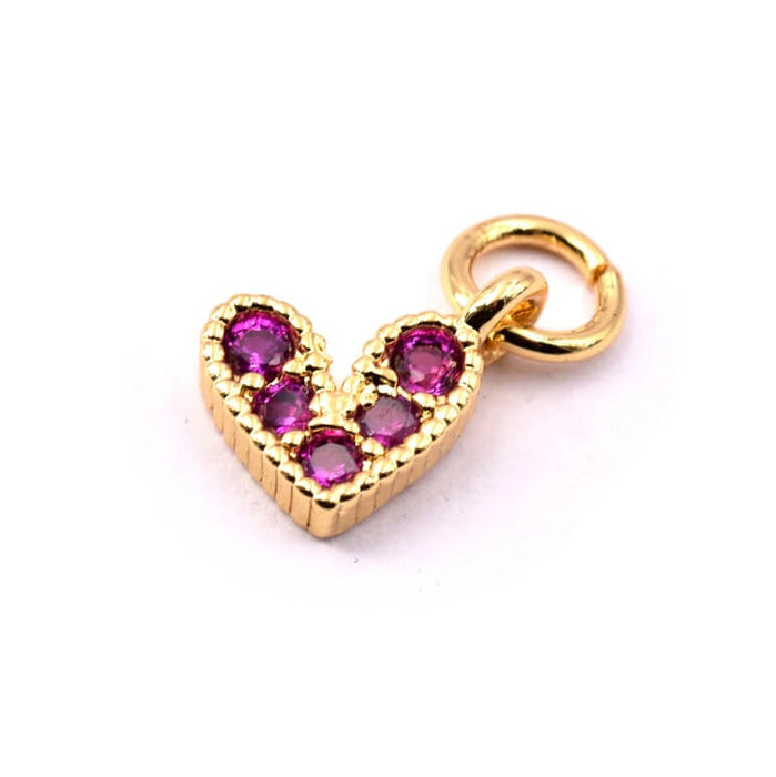 Pendentif coeur laiton doré et zircon fuchsia 7.5x6mm et anneau -Trou: 1.5mm (1)