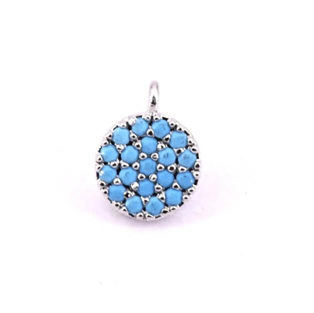 Pendentif rond laiton rhodié pavé zircon turquoise 7mm (1)