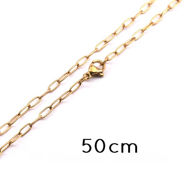 Collier Chaine Fine Trombone Acier doré OR 50cm - 5x2x0,5mm avec Mousqueton (1)