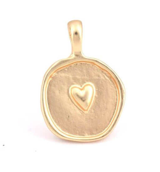 Achat Pendentif, Médaille Ronde Coeur Plaqué Doré Mat 24mm (1)