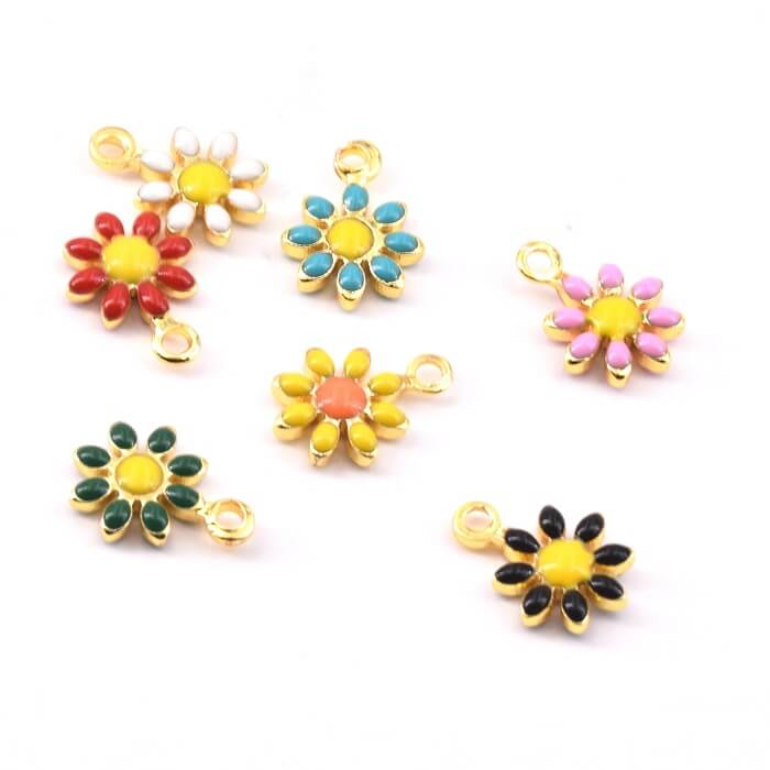 Gänseblümchen-Blumen Anhänger Mix Emaille Goldenes Messing 7 mm (7)